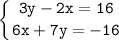 \tt \displaystyle \left \{ {{3y-2x=16} \atop {6x+7y=-16}} \right.