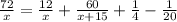 \frac{72}{x} = \frac{12}{x}+ \frac{60}{x+15} + \frac{1}{4} - \frac{1}{20}