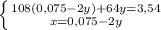 \left \{ {{108(0,075-2y)+64y=3,54} \atop {x=0,075-2y}} \right.