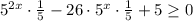 5 ^{2x}\cdot \frac{1}{5} -26\cdot 5^{x}\cdot \frac{1}{5} +5 \geq 0 \\ \\