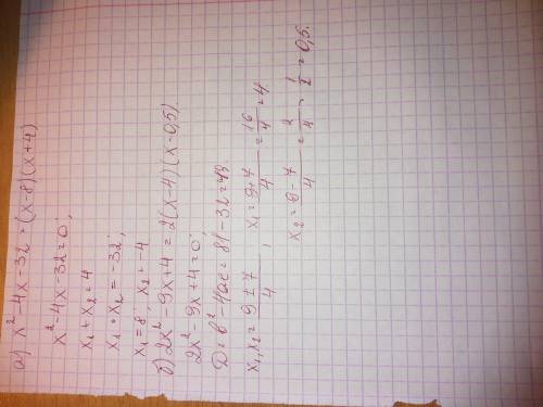 Разложить квадратный трехчлен на множители : а) х²-4х-32 б) 2х²-9х+4