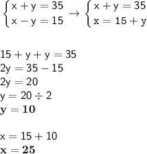 \displaystyle \tt \left \{ {{\sf x+y=35} \atop {\sf x-y=15}} \right. \to \left \{ {{\sf x+y=35} \atop {x=15+y}} \right. \\\\\\ \sf 15+y+y=35\\\sf 2y=35-15\\\sf 2y=20\\\sf y=20\div2\\\sf \bold{y=10}\\\\ \sf x=15+10\\\sf \bold{x=25}