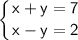 \displaystyle \tt \left \{ {{\sf x+y=7} \atop {\sf x-y=2}} \right.