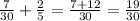 \frac{7}{30} + \frac{2}{5} = \frac{7+12}{30} = \frac{19}{30}