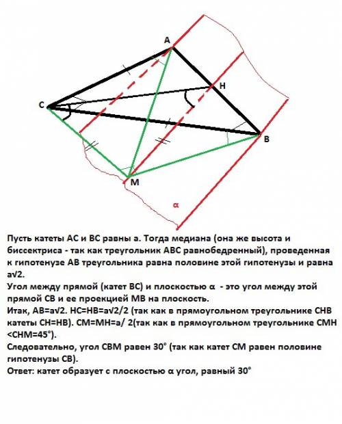 Гипотенуза равнобедренного прямоугольного треугольника принадлежит плоскости α,медиана этого треугол