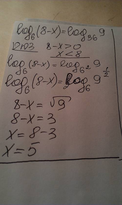 Найдите корень уравнения log₆(8-x)=log₃₆9