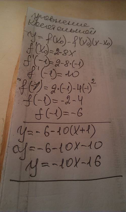 Составить уравнение касательной y=2x-4x^2 xo=-1