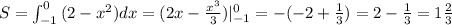 S=\int_{-1}^0\, (2-x^2)dx=(2x-\frac{x^3}{3})|_{-1}^0=-(-2+\frac{1}{3})=2-\frac{1}{3}=1\frac{2}{3}