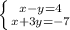 \left \{ {{x-y=4} \atop {x+3y=-7}} \right.