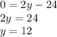 0 = 2y - 24 \\ 2y = 24 \\ y = 12