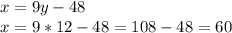 x = 9y - 48 \\ x = 9*12 -48 = 108 - 48 = 60