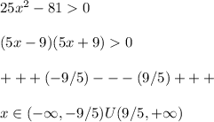 25x^2-810\\\\(5x-9)(5x+9)0\\\\+++(-9/5)---(9/5)+++\\\\x\in (-\infty,-9/5)U(9/5,+\infty)