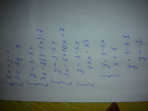 Найдите решение системы уравнений: {5x+y=3 {3x-2y=7 вот еще 1 пример {5x+y=14 {3x-2y=-2 и еще 1 {под