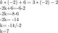 \displaystyle k*(-2)+6=3*(-2)-2&#10;&#10;-2k+6=-6-2&#10;&#10;-2k=-8-6&#10;&#10;-2k= -14&#10;&#10;k= -14/-2&#10;&#10;k=7