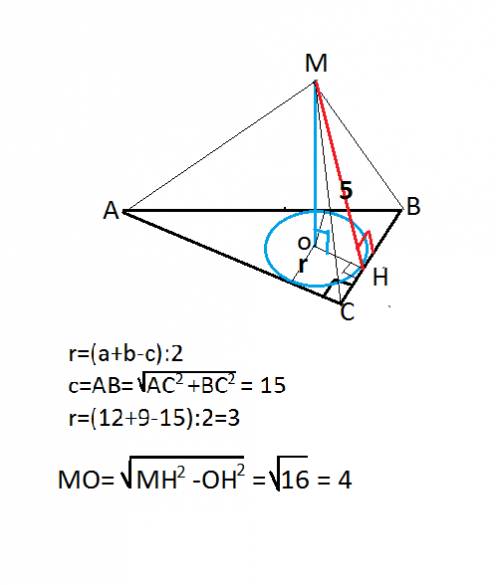 Точка м удалена от каждой стороны прямоугольного треугольника на 5 см. его катеты равны 9 см и 12 см