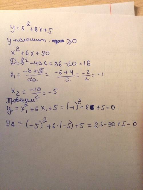 Значения аргумента при которых значения функции положительны (y=x^2+6x+5)