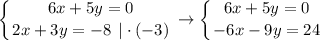 \displaystyle \left \{ {{6x+5y=0} \atop {2x+3y=-8 \: \: |\cdot(-3)}} \right. \to \left \{ {{6x+5y=0} \atop {-6x-9y=24}} \right.