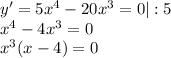 y'=5x^4-20x^3=0|:5 \\ x^4-4x^3=0 \\ x^3(x-4)=0