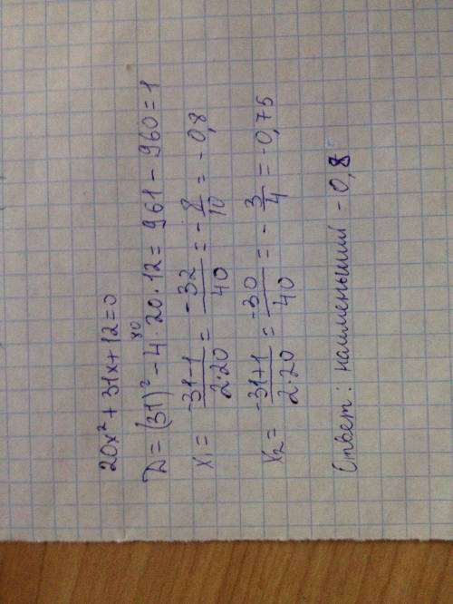 Найдите наименьший корень уравнения 20x^2+31x+12=0