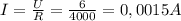 I= \frac{U}{R}= \frac{6}{4000} =0,0015A