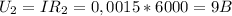 U_{2}=I R_{2}=0,0015*6000=9B