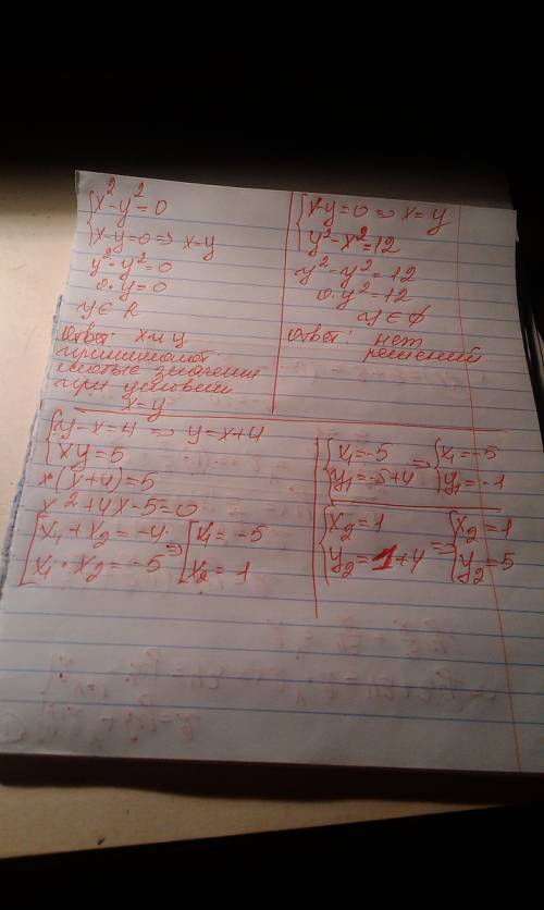 Решите систему уравнений (фигурные скобки не раставлены) 1) х^2-у^2=0 х-у=0 2)х-у=0,6 у^2-х^2=12 3)