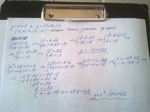 При каких значениях b,ck и l графики функции y=kx+l и y=x^2+bx+c пересекаются в точках a(6; 4) и (4;