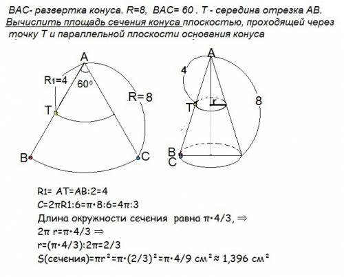 Развёрткой боковой поверхности конуса является сектор baс, длина радиуса которого равна 8 см, а град