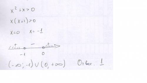 Решите неравенство x^2+x> 0 1)(бесконечность; -1) и (0; +бесконечность) 2)[-1; 0] ; 0) ; 0]и[1; +