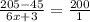 \frac{205-45}{6x+3} = \frac{200}{1}