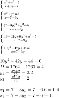 \left \{ {{ x^{2} + y^{2}=5 } \atop {x+3y=7}} \right. \\ \\ \left \{ {{ x^{2} + y^{2}=5 } \atop {x=7-3y}} \right. \\ \\ \left \{ {{ (7-3y)^{2} + y^{2}=5 } \atop {x=7-3y}} \right. \\ \\ \left \{ {{ 49-42y+9y^{2} + y^{2}=5 } \atop {x=7-3y}} \right. \\ \\ \left \{ {{ 10y^{2}-42y+44=0 } \atop {x=7-3y}} \right. \\ \\ 10y^{2}-42y+44=0 \\ D=1764-1760=4 \\ y_{1} = \frac{42+2}{20} =2.2 \\ y_{2}= \frac{42-2}{20} =2 \\ \\ x_1=7-3y_1=7-6.6=0.4\\ x_2=7-3y_2=7-6=1