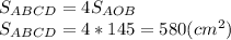 S_{ABCD}=4S_{AOB} \\ S_{ABCD}=4*145=580(cm^2)