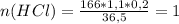 n(HCl)= \frac{166*1,1*0,2}{36,5} =1