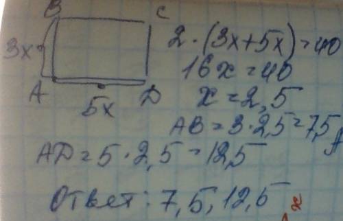 Периметр прямоугольника 40 см,а длины смежных сторон прямоугольника относятся как 3: 5. найдите длин