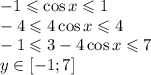 -1 \leqslant \cos x \leqslant 1\\-4 \leqslant 4\cos x \leqslant 4\\-1 \leqslant 3-4\cos x\leqslant7\\y\in[-1;7]