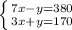 \left \{ {{7x-y=380} \atop {3x+y=170}} \right.