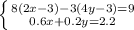 \left \{ {{8(2x-3)-3(4y-3)=9} \atop {0.6x+0.2y=2.2}} \right.