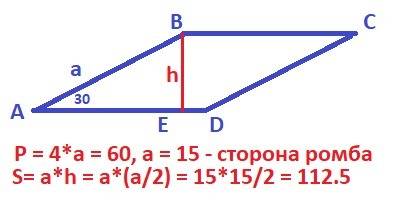 1.периметр ромба равен 60, а один из углов равен 30 градусов. найдите площадь ромба. 2.в прямоугольн