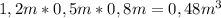 1,2m*0,5m*0,8m = 0,48 m^{3}