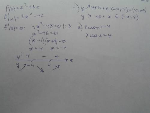 Для функции f(x)=x^3-48x найдите: 1) промежутки возрастания и убывания; 2) точки экстремума;