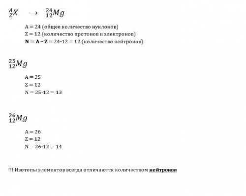 Найдите число протонов и нейтронов, входящих в состав изотопов магния 24 mg; 25 mg; 26 mg.