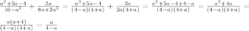 \frac{a^2+5a-4}{16-a^2}+ \frac{2a}{8a+2a^2}= \frac{a^2+5a-4}{(4-a)(4+a)}+ \frac{2a}{2a(4+a)}= \frac{a^2+5a-4+4-a}{(4-a)(4+a)}= \frac{a^2+4a}{(4-a)(4+a)}= \\ \\ \frac{a(a+4)}{(4-a)(4+a)}= \frac{a}{4-a}