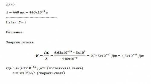 Определите энергию фотона с длиной волны 440 нм (фиолетовый свет)