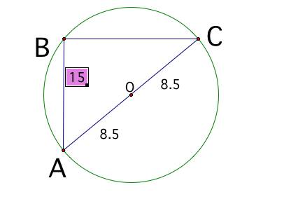 Втреугольнике авс угол с равен 90 градусов bc 15. радиус описанной окружности равен 8,5. как найти а