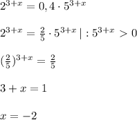 2^{3+x}=0,4\cdot 5^{3+x}\\\\2^{3+x}=\frac{2}{5}\cdot 5^{3+x}\, |:5^{3+x}\ \textgreater \ 0\\\\(\frac{2}{5})^{3+x}=\frac{2}{5}\\\\3+x=1\\\\x=-2