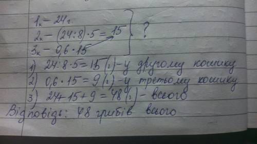Решить : зібрані гриби розклали у три кошики. у першому 24 гриба; у другому 5\8 від першого і 60% ві