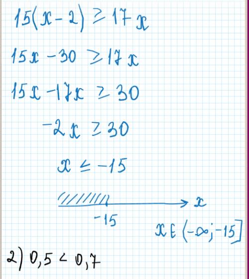 Решите неравенство 15(x-2)> =17x и изобразите на числовой прямой множество его решений) сравните