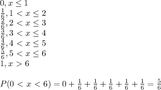 0,x\leq1\\\frac{1}{6},1\ \textless \ x\leq2\\\frac{2}{6},2\ \textless \ x\leq3\\\frac{3}{6},3\ \textless \ x\leq4\\\frac{4}{6},4\ \textless \ x\leq5\\\frac{5}{6},5\ \textless \ x\leq6\\1,x\ \textgreater \ 6\\\\P(0\ \textless \ x\ \textless \ 6)=0+\frac{1}{6}+\frac{1}{6}+\frac{1}{6}+\frac{1}{6}+\frac{1}{6}=\frac{5}{6}