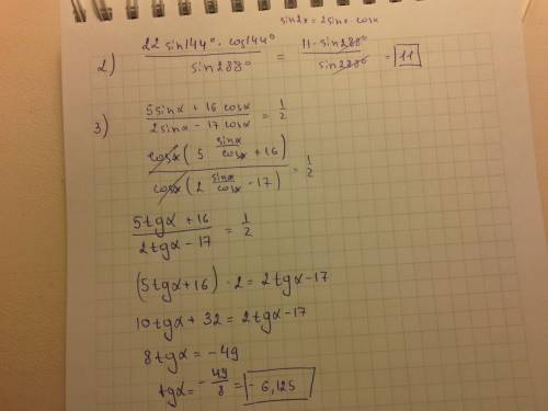 С! 40 ! 1) найти наименьшее значение функции y=√(67+3(sin^2x-cos^2x)) 2) (22sin144°*cos144°)/sin288°