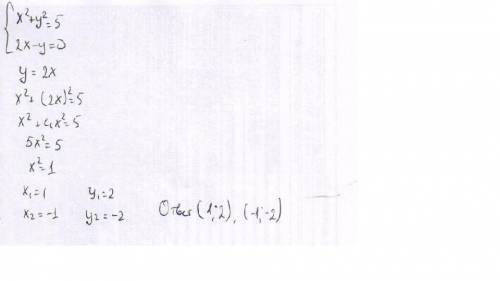Решите систему уравнений: x²+y²=5, 2x-y=0.